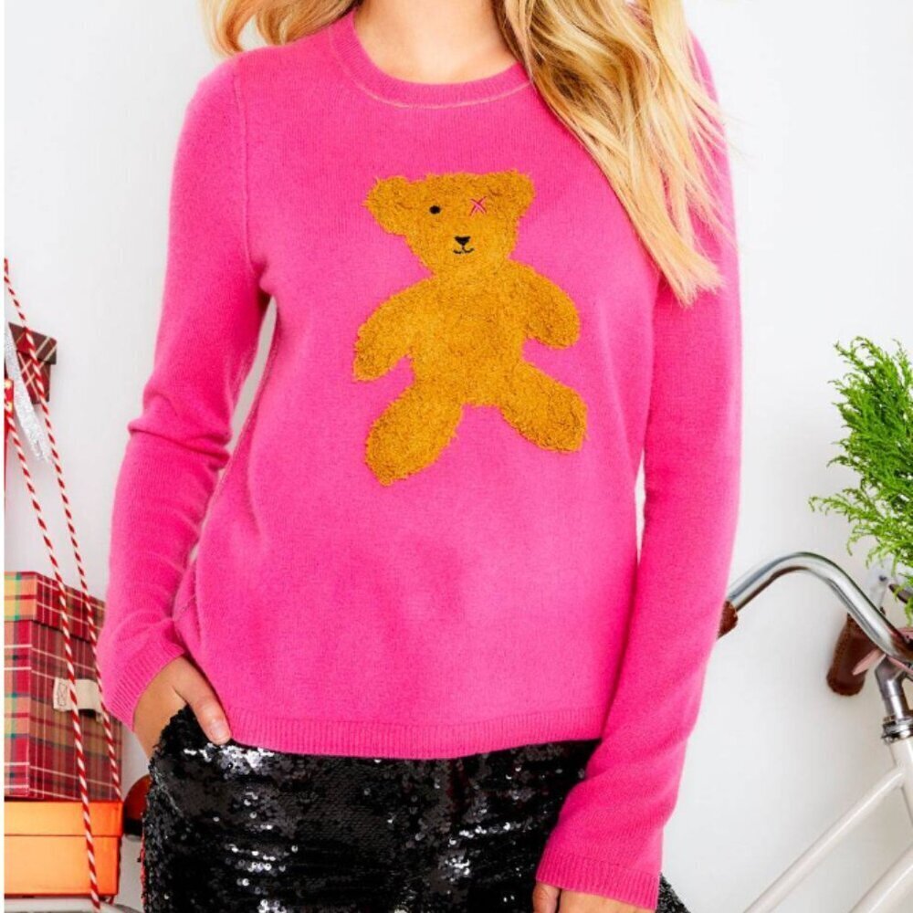 Lisa Todd Teddy Bear Graphic Intarsia Cashmere Sweater – Bright Pink – Size XL